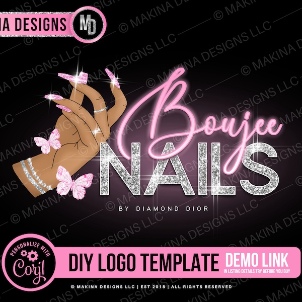 Nail tech logo, Logo design, Logo, Premade logo, Logo Template, nails logo, nail logo, nail techinician, long. nails, pink neon