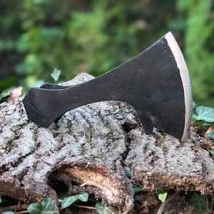 Könnte beinhalten: Eine schwarze Axt mit einer leicht gebogenen Klinge und einem Holzstiel. Die Axt liegt auf einem Baumstumpf mit grünem Laub im Hintergrund.