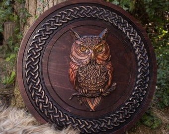 Viking Schild, Eule Schild, Wikinger Wand Dekor, Holz Wand Kunst, Handgefertigte Wohn Dekor, Vatertagsgeschenk für Ihn, Handgefertigte Geschenk für Ihn