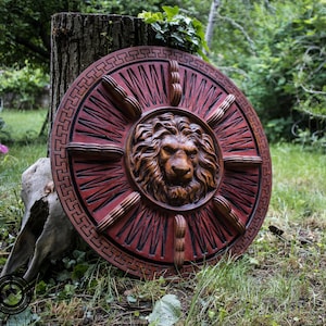 Handmade Lion Shield Wall Decor: Carved Wood Art
