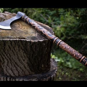 Viking Axe Dragon Francisca Ax with full 3D carved handle