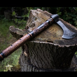 Viking Axe Thor&#39;s Mjolnir Francisca Ax with full 3D relief carved handle