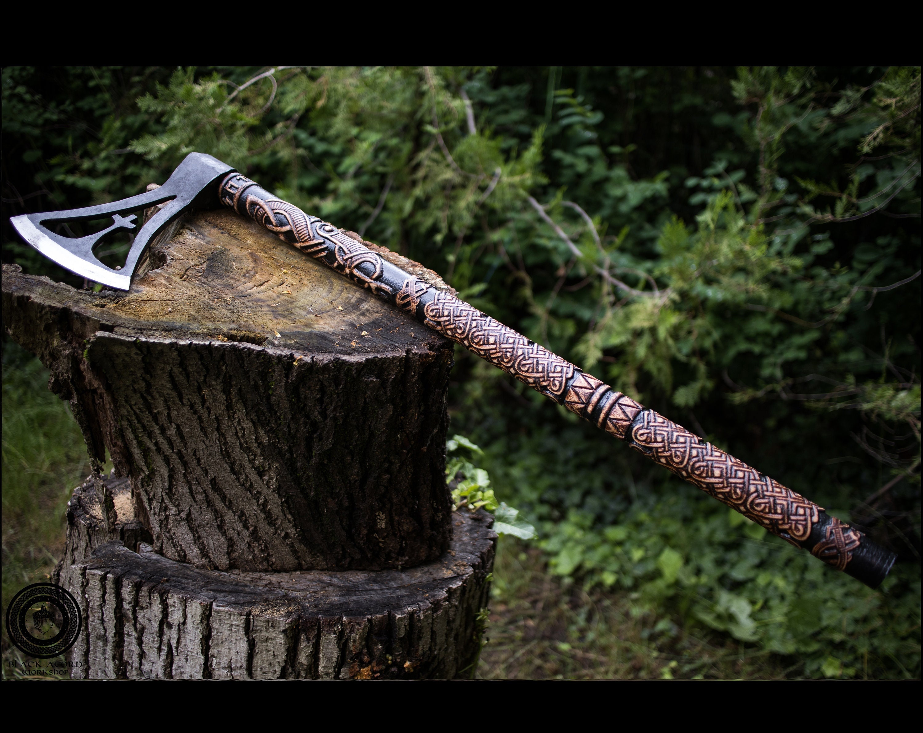 Viking Axe Gotland Two Handed Ax Full 3D Relief Carved Handle
