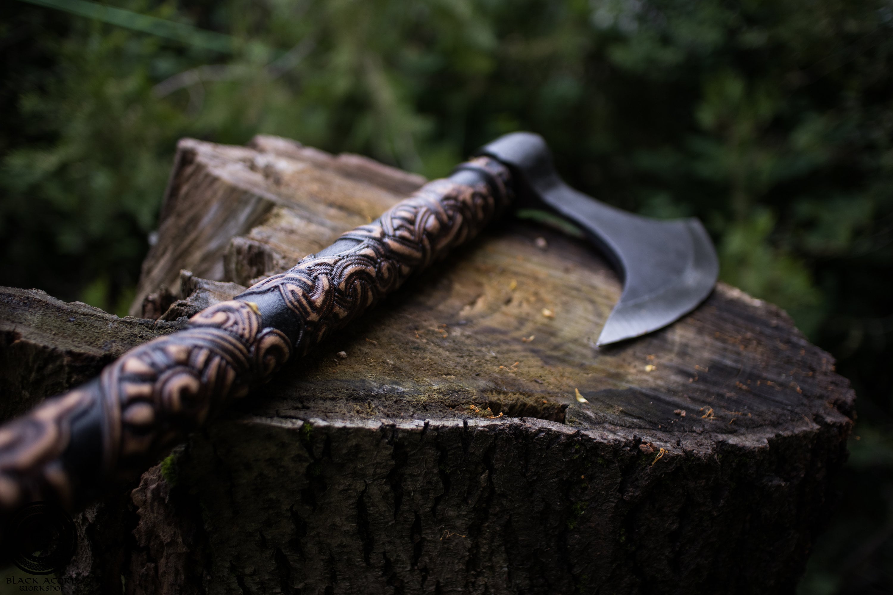 Viking Axe Norse Drake Two Handed Ax Full 3D Relief Carved Handle