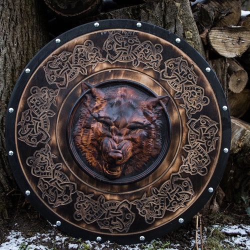 Bouclier de loup viking fait main : décoration murale en bois