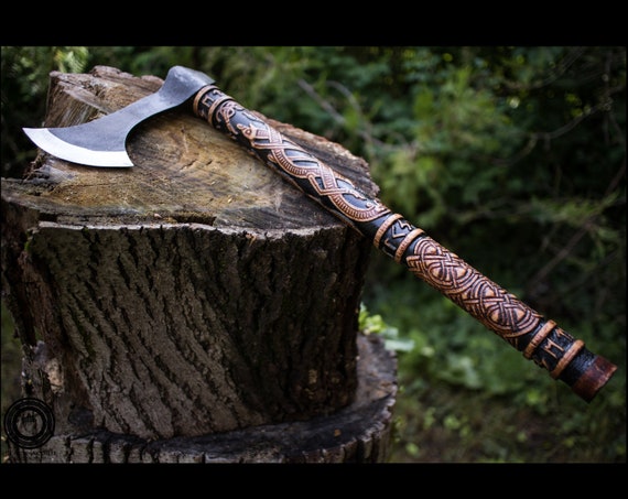 Viking Axe Dragon Francisca Ax With Full 3D Carved Handle 