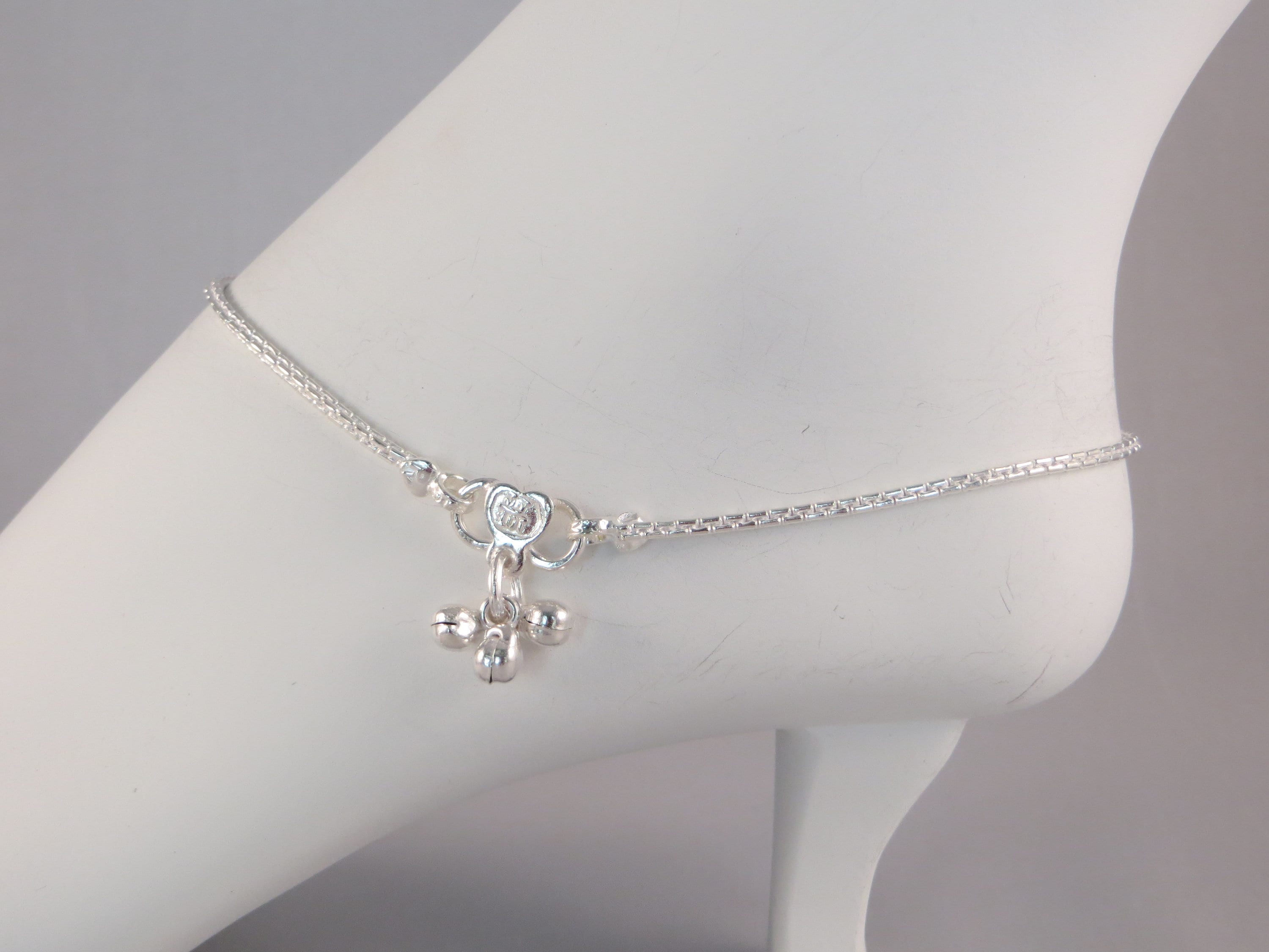 "Anklet Handcrafted Sterling Silver Women Anklet 10 1/2\" long Anklet Three Bell Clasp Anklet"