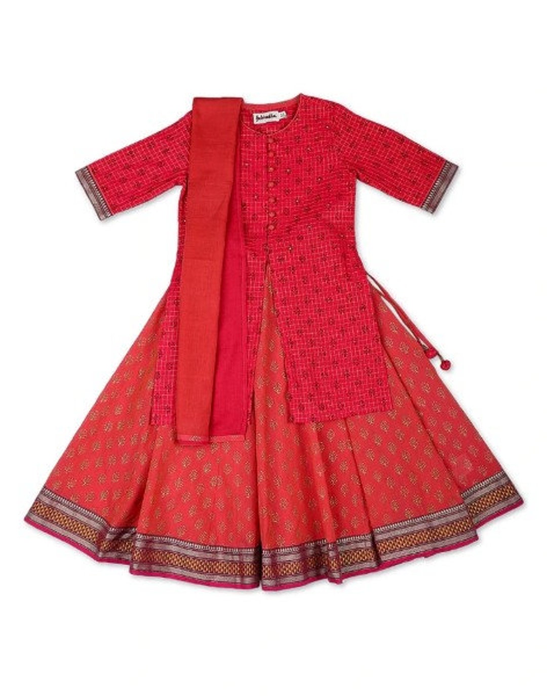Babyhug Three Fourth Sleeveless Foil Printed Kurta Lehenga Set With Dupatta - Maroon