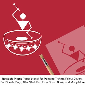 May include: White reusable plastic stencil of a stick figure playing a drum. The stencil is on a red background with a paintbrush.