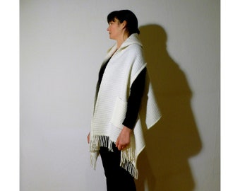 Cape scarf stole poncho fringes with hood off-white lambswool