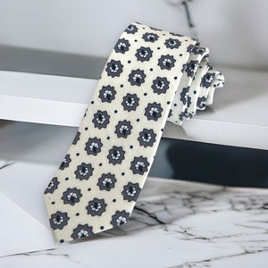 Men&#39;s Woven Skinny Tie Necktie - White Peacock Cotton Tie - Gift for him