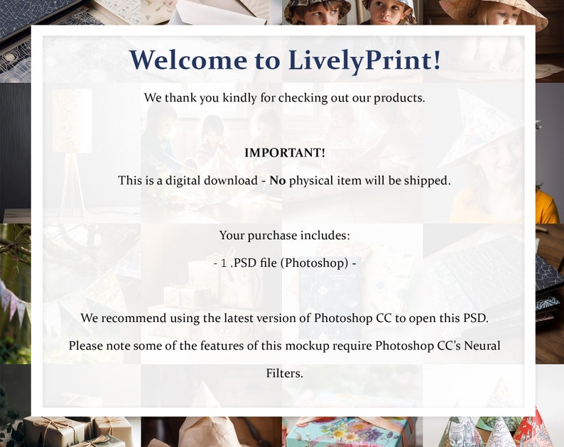 May include: A digital download announcement from LivelyPrint, with text including "Welcome to LivelyPrint!" and "This is a digital download - No physical item will be shipped." The announcement also mentions a .PSD file for Photoshop.