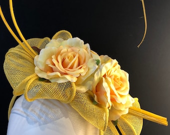 Yellow Sinamay Fascinator with Roses and Ostrich Quills