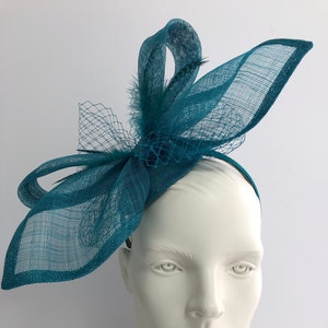 Teal Blue Fascinator with Net and Feathers