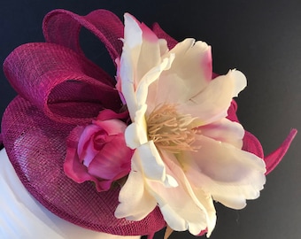 Magenta Button Fascinator with Magnolia and Rosebuds