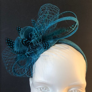 Teal Blue Fascinator with Net and Feathers