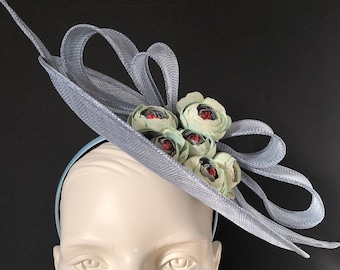 Airforce Blue Scalloped Sinamay Fascinator Topped with Camellias