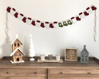 Christmas Stocking Garland, Stockings, Handmade, Christmas Decoration, Holiday Decorations, Holiday Garland, Holiday Gift, Red, Green, Trees