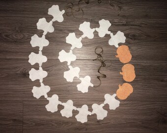 Halloween Ghost Felt Garland, Holiday Garland, Halloween Decoration, Handmade, Handmade Garland, Orange, White Ghosts, Pumpkins, Decorations