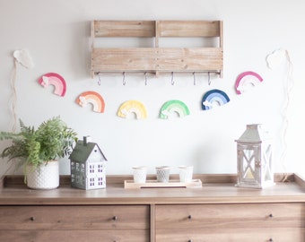 Pastel Rainbow Felt Garland For Kids Playroom, Baby Nursery Decor, Rainbow with Cloud Garland, First Birthday Decor, Kids Bedroom Decor