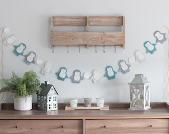 Penguin Felt Garland, Penguin Garland, Handmade, Cute Penguin, Party Decor, Kids Decor, Gray, White, Birthday Decor, Home Decor, Teal