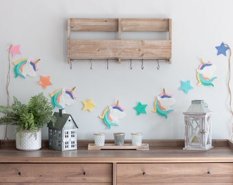 Unicorn Felt Garland, Handmade, Unicorn Birthday Decoration, Unicorn and Stars Felt Garland, Unicorns, Rainbow, Gold Glitter, Pink