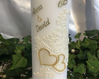 Hochzeitskerze Gold Blumenbuket Wachsornament sehr Edel 200/70mm