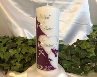 Hochzeitskerze Lila/Silber sehr Edel mit Herz Blumen Taube 200/70mm
