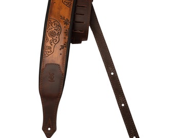 Guitar Strap NEW ORLEANS SKULL | custom guitar strap | Leather bass guitar strap | wide guitar strap\ brown