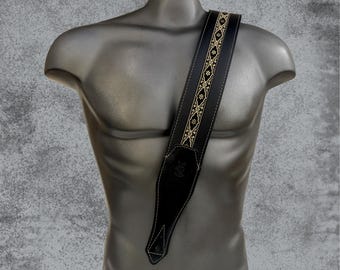 Golden Pattern Leather Guitar Strap, Gold Black Padded Bass Strap