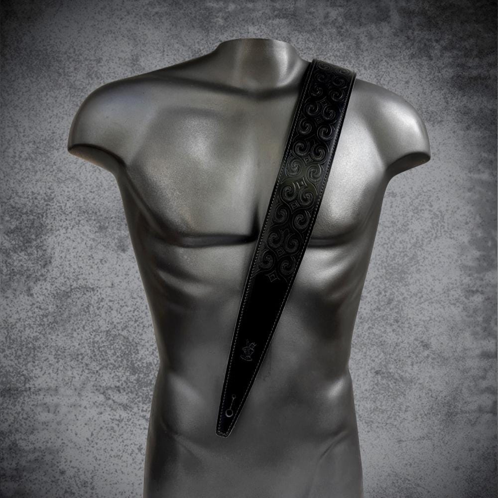 CELTIC black leather guitar strap | Padded Leather custom bass guitar strap