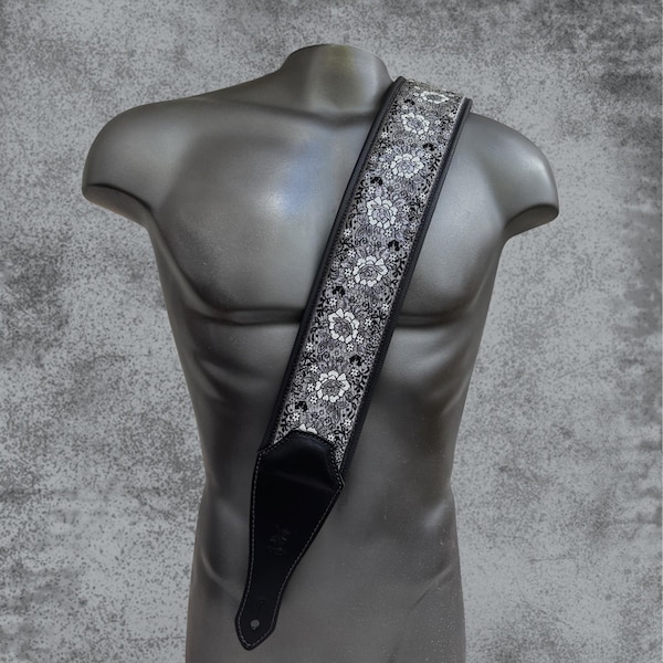 Silver Rose Guitar Strap | Handmade Wide Padded Floral Leather Bass Strap
