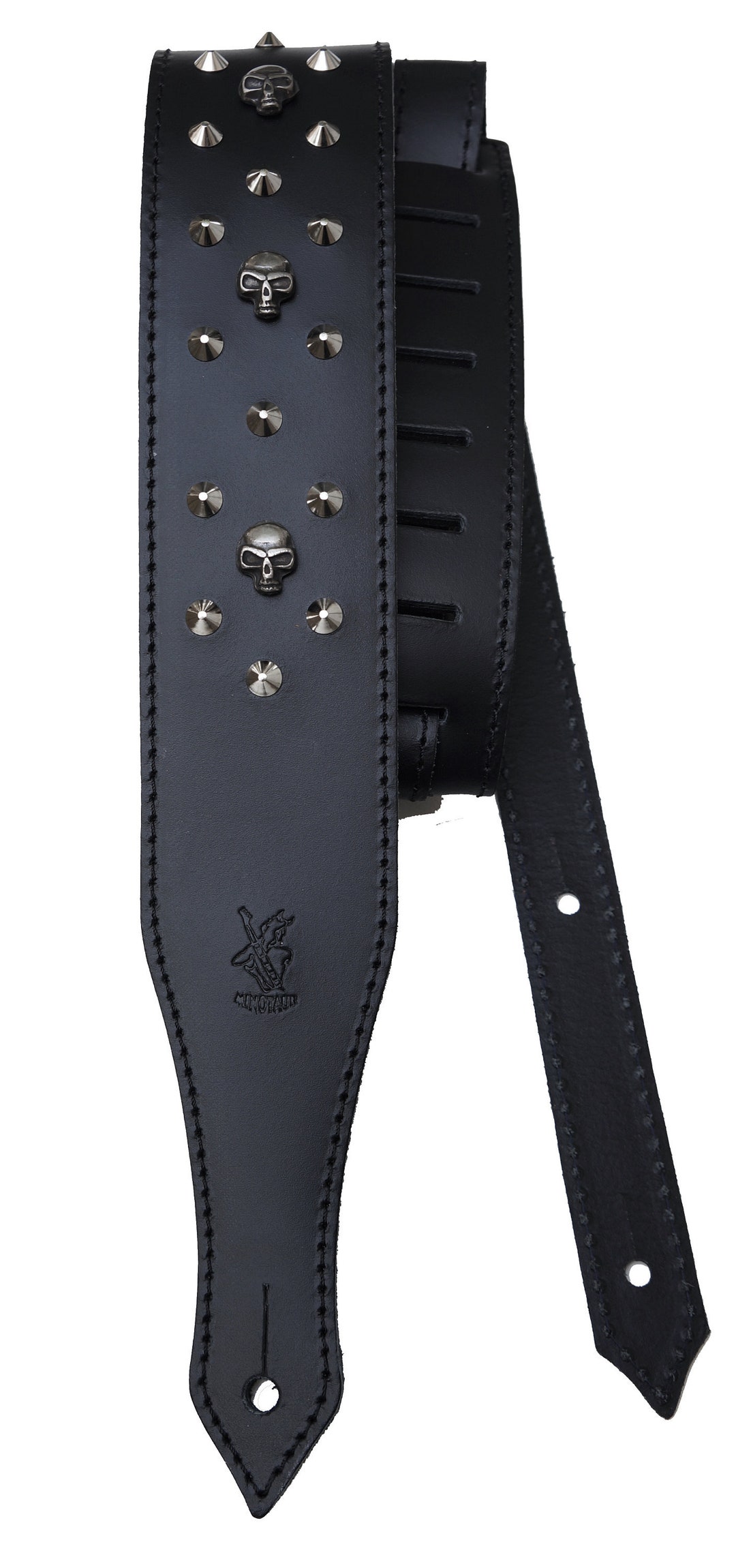 Handmade Leather Guitar Strap Rock in Style With Skulls and Rivets Bass