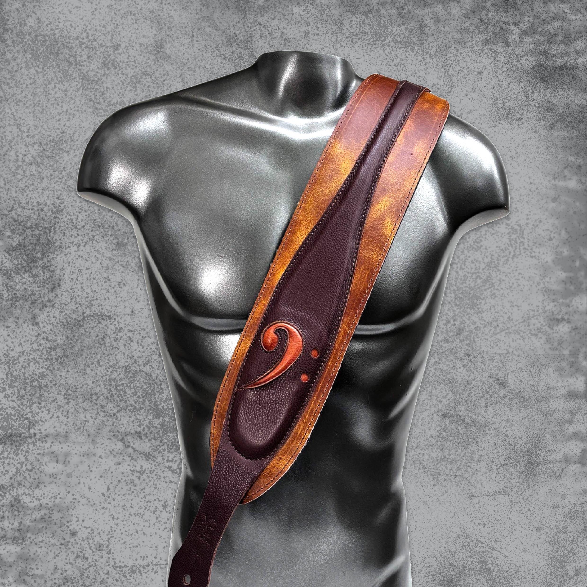 Wide Leather Bass Guitar Strap: Brown F-Key Design
