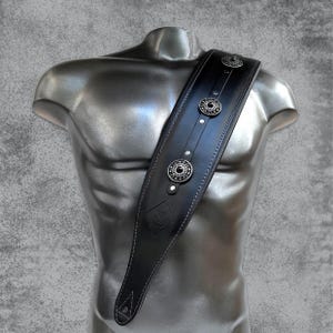 Wide Leather Guitar Strap | Black Bass Strap with Conchos | 4'' Width