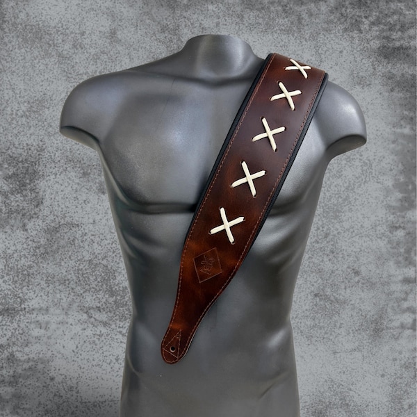 Correa de bajo acolchada de cuero marrón ancha DAVE "X" / Correa de guitarra vintage ancha