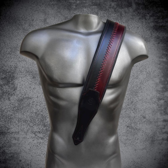 DELUXE Bicolour Leather padded strap for Guitar and Bass | BLACK RED Handmade vintage strap