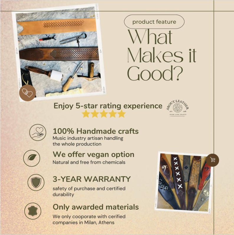 May include: A graphic outlining the features of handmade leather goods. The list includes 100% handmade crafts, vegan options, a 3-year warranty, and only awarded materials. The graphic also includes a 5-star rating and a logo for "About Leather High Love Crafts".