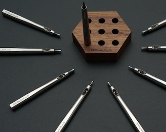 KSBladePunch / 9 Sets Hole Punch (Silver) + Walnut wooden tool rack for High Quality Leathercraft Tools / Hole Punch / Round Punch / Ksblade