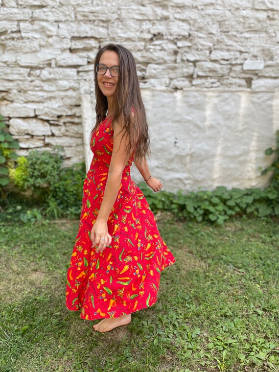 Vintage red handmade salsa dress: print has marac… - image 2