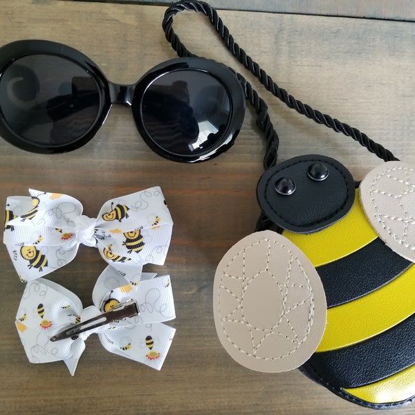 Girls Crossbody Purse, Hair Bows, Kids Sunglasses, Accessories, Matching Set, Dress up, Gift for little girls, Black & Yellow, Bumblebee