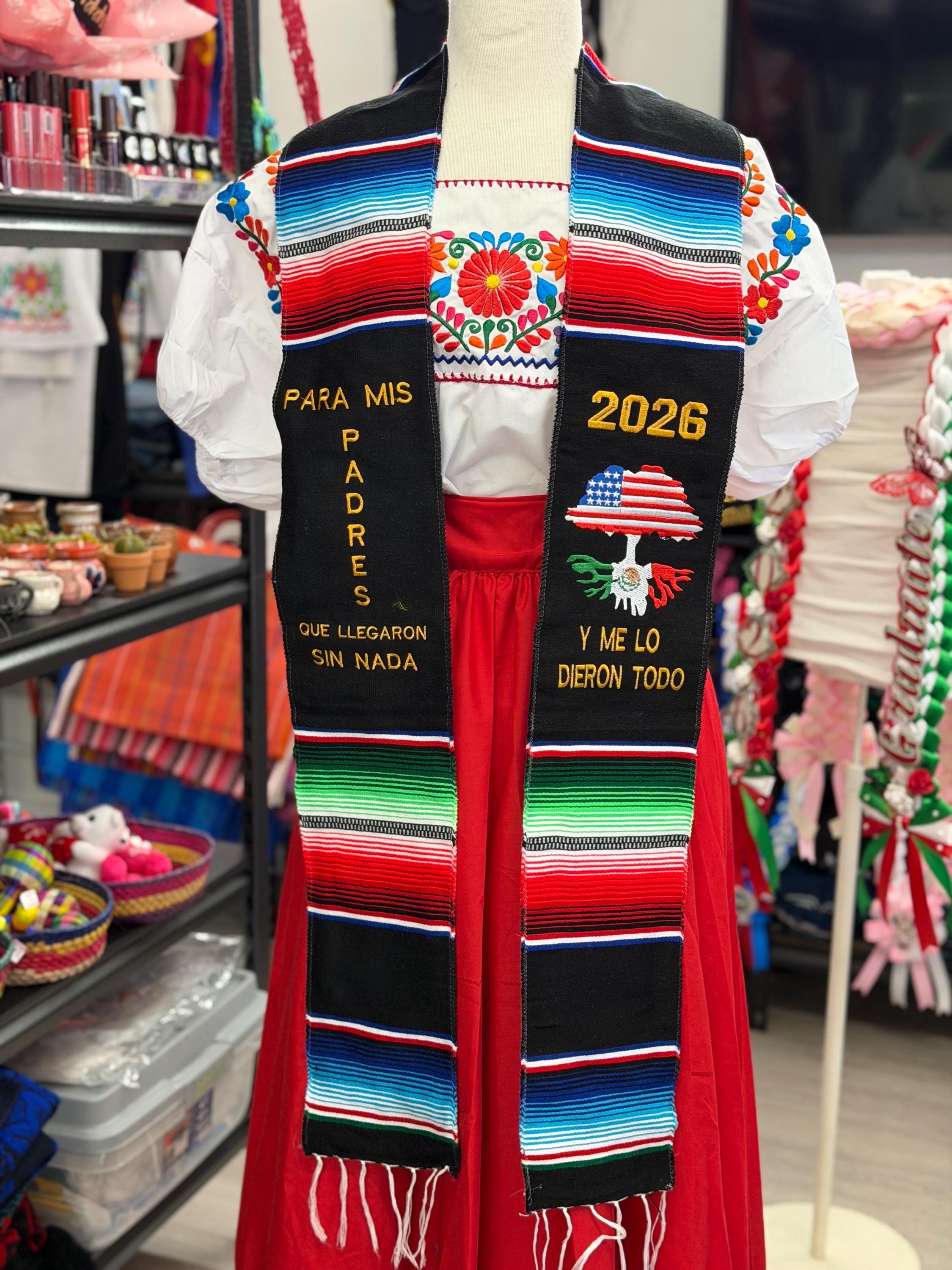 green emerald velvet dress White Mexican Serape Graduation Stole Sash – Graduation Attire main image 1