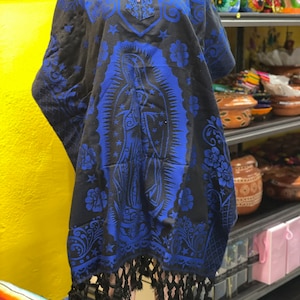 Sacred Elegance: Virgen María Mexican Unisex Jorongo Poncho Gaban Cape Ruana