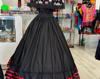 Conjunto de 2 piezas Catrina Folklore Falda mexicana y blusa de calavera