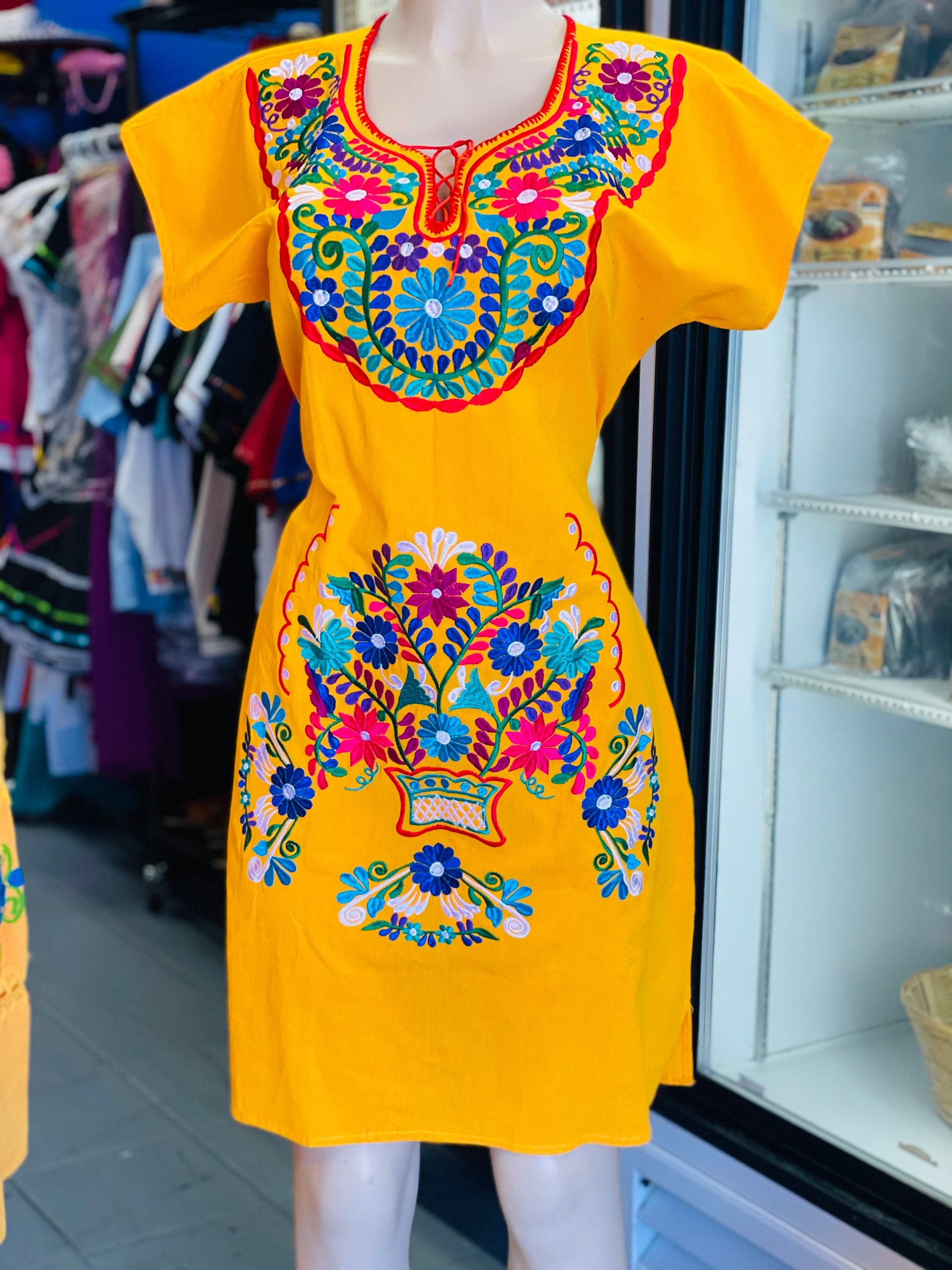 Puebla Mexican Dress w Belt Bata con Faja Vestido Flowers Yellow M