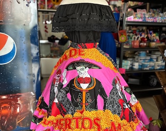 Falda Mexicana Vibrante del Día de los Muertos – Estilo de Arte Popular Hecho a Mano 3 piezas