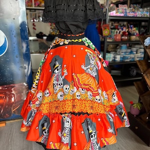 Vibrant Día de los Muertos Mexican Skirt – Handcrafted Folk Art Style 3 pieces