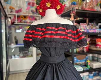 Falda Mexicana Vibrante del Día de los Muertos – Estilo de Arte Popular Hecho a Mano 3 piezas