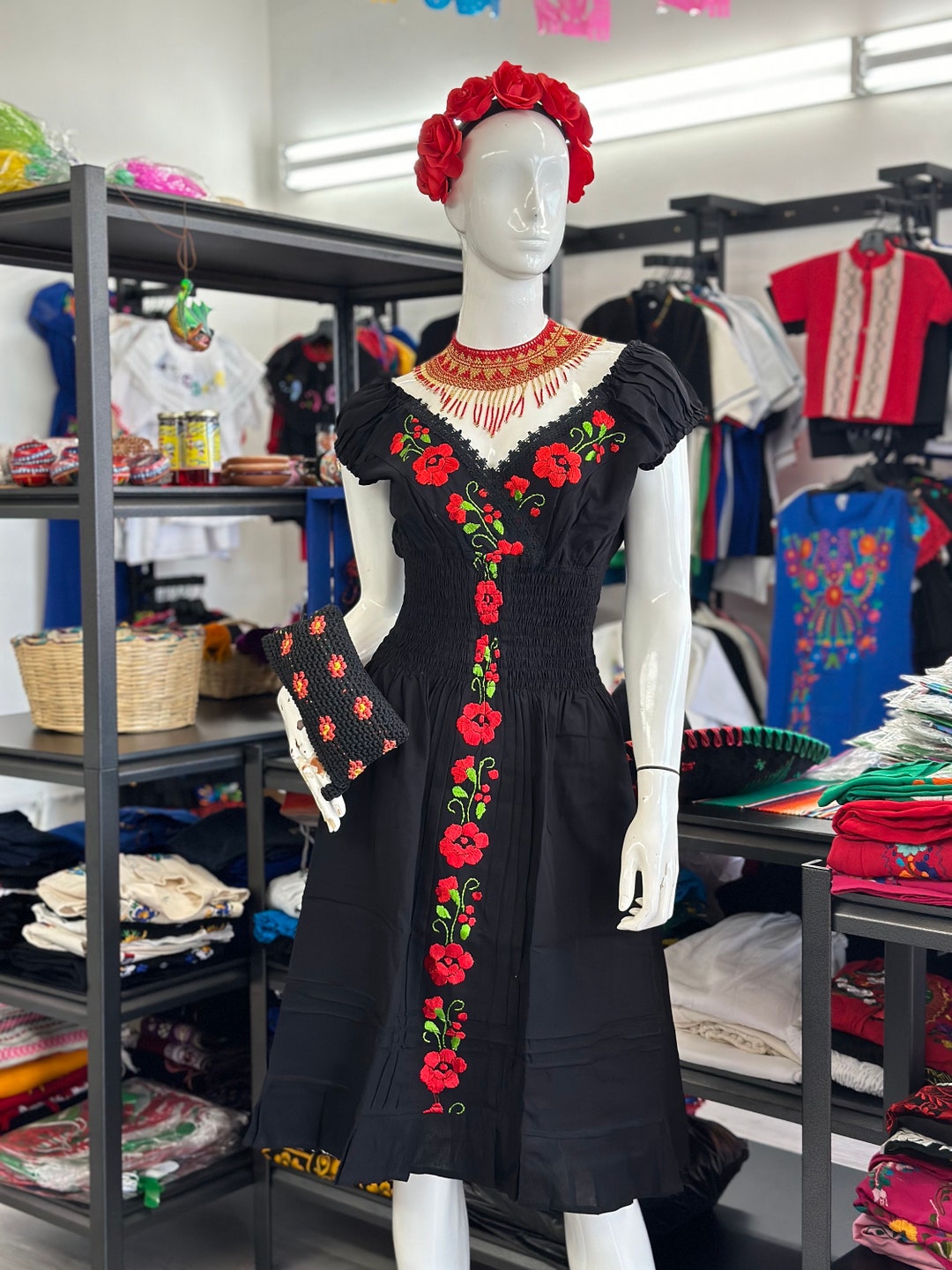 Women Black Floral Printed Cotton Dress With Thread Work