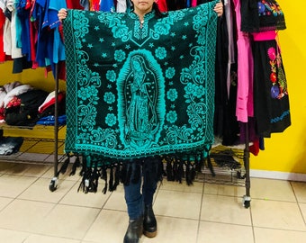 Sacred Elegance: Virgen María Mexican Unisex Jorongo Poncho Gaban Cape Ruana